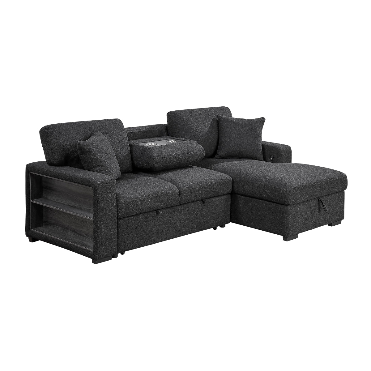 Pompano Sectional with Right Chaise, Pull-out Bed, Hidden Storage and Shelves, Charging Ports