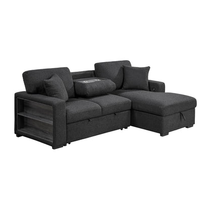 Pompano Sectional with Right Chaise, Pull-out Bed, Hidden Storage and Shelves, Charging Ports