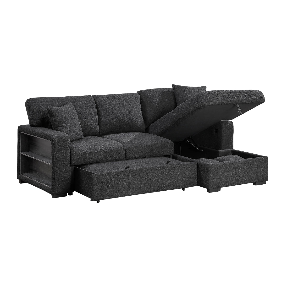 Pompano Sectional with Right Chaise, Pull-out Bed, Hidden Storage and Shelves, Charging Ports
