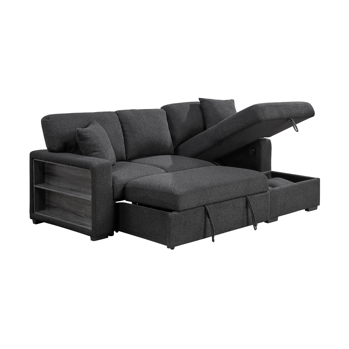 Pompano Sectional with Right Chaise, Pull-out Bed, Hidden Storage and Shelves, Charging Ports
