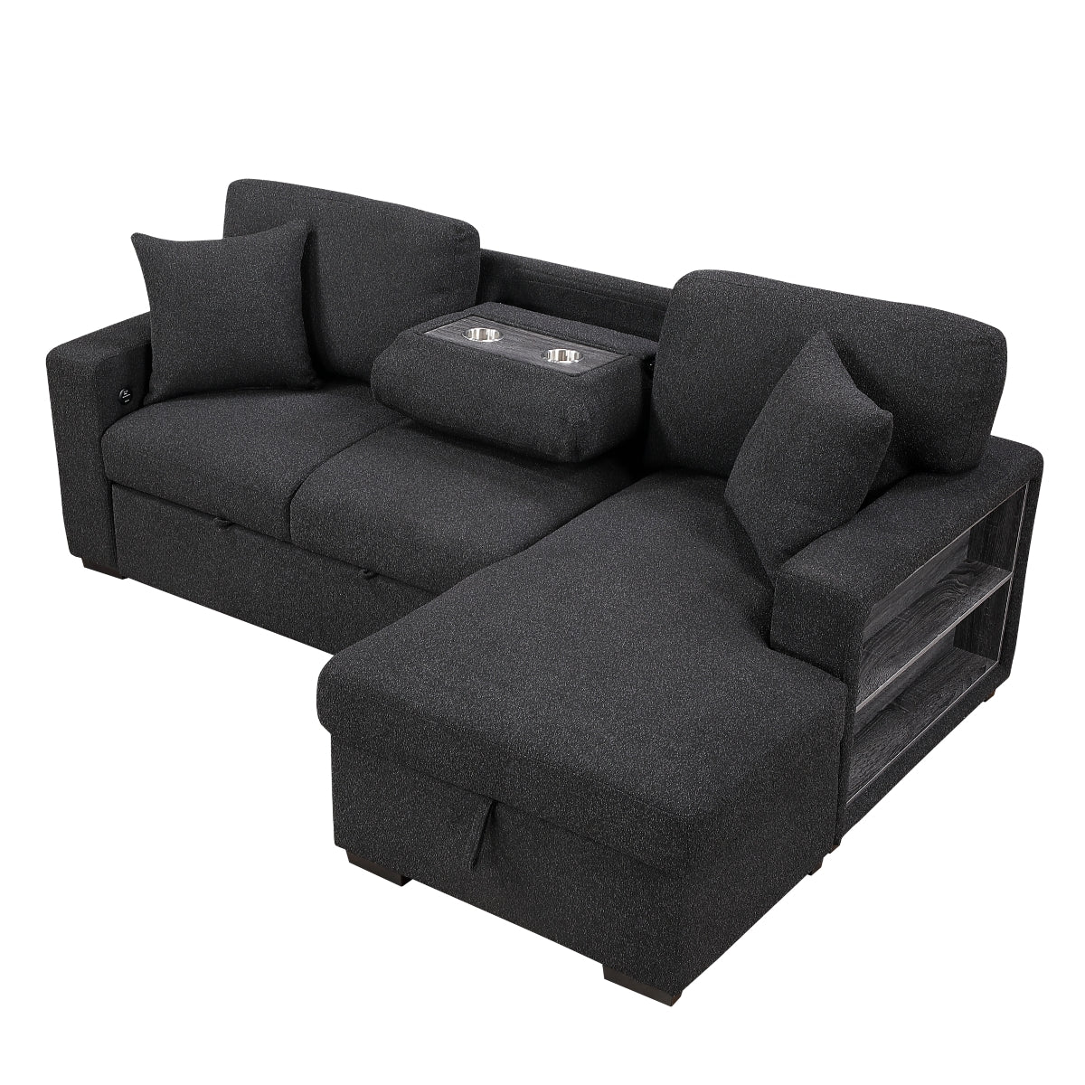 Pompano Sectional with Right Chaise, Pull-out Bed, Hidden Storage and Shelves, Charging Ports