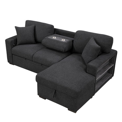 Pompano Sectional with Right Chaise, Pull-out Bed, Hidden Storage and Shelves, Charging Ports