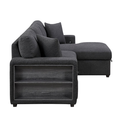 Pompano Sectional with Right Chaise, Pull-out Bed, Hidden Storage and Shelves, Charging Ports