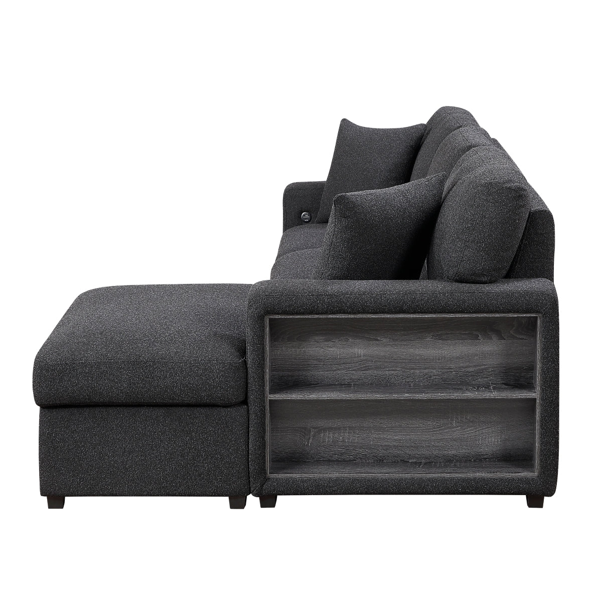 Pompano Sectional with Right Chaise, Pull-out Bed, Hidden Storage and Shelves, Charging Ports
