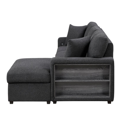 Pompano Sectional with Right Chaise, Pull-out Bed, Hidden Storage and Shelves, Charging Ports