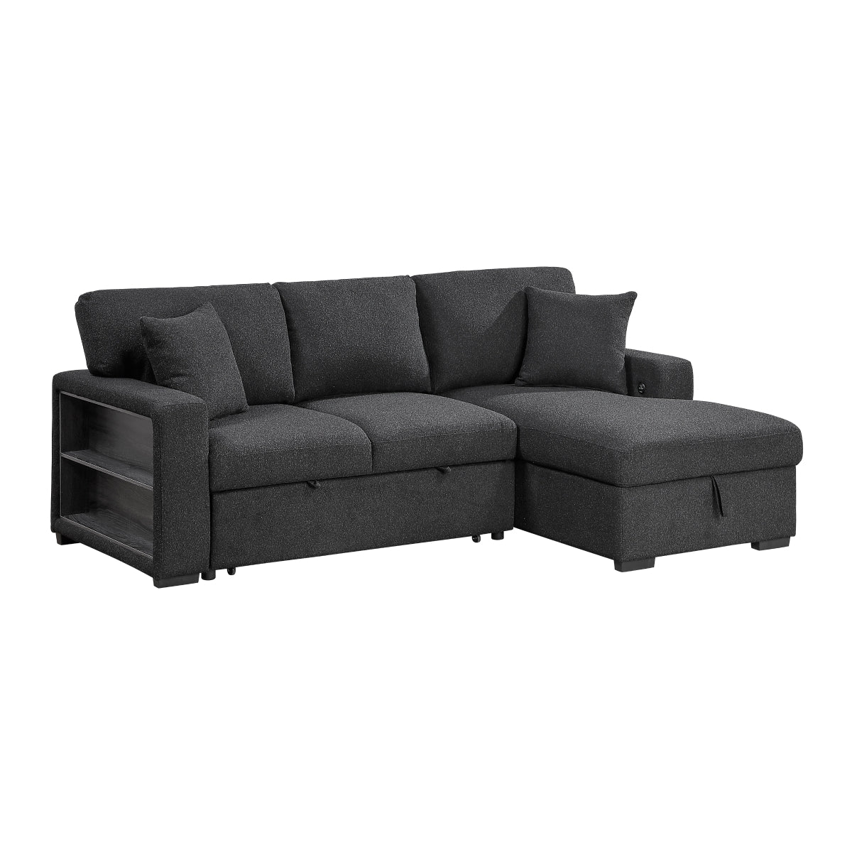 Pompano Sectional with Right Chaise, Pull-out Bed, Hidden Storage and Shelves, Charging Ports