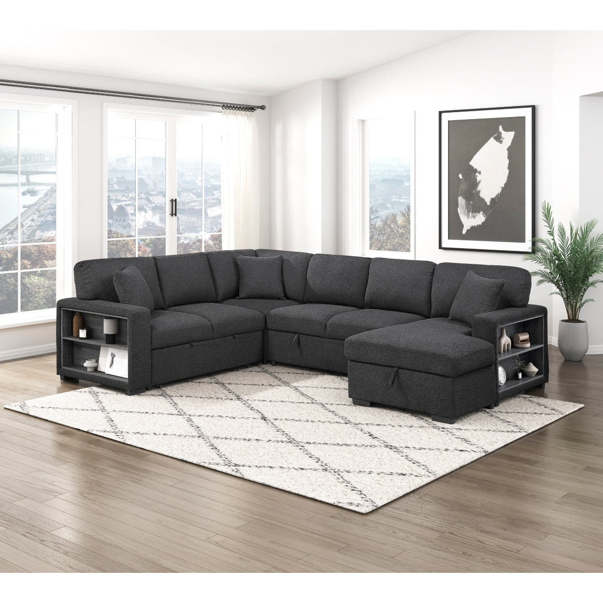 Pompano Sectional with Right Chaise, Pull-out Bed, Hidden Storages and Shelves, Charging Ports