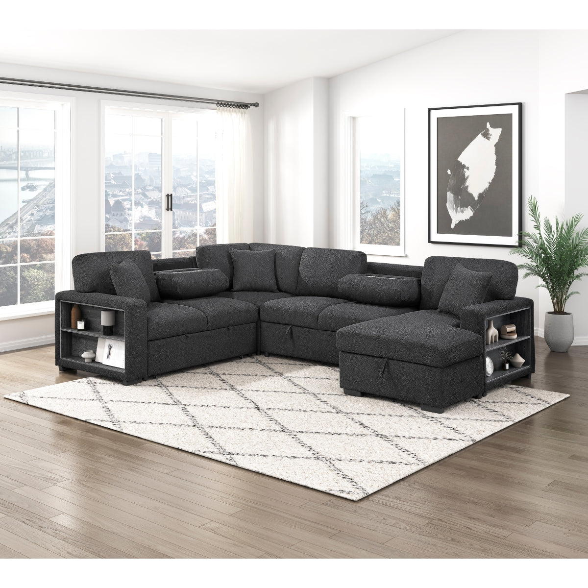 Pompano Sectional with Right Chaise, Pull-out Bed, Hidden Storages and Shelves, Charging Ports