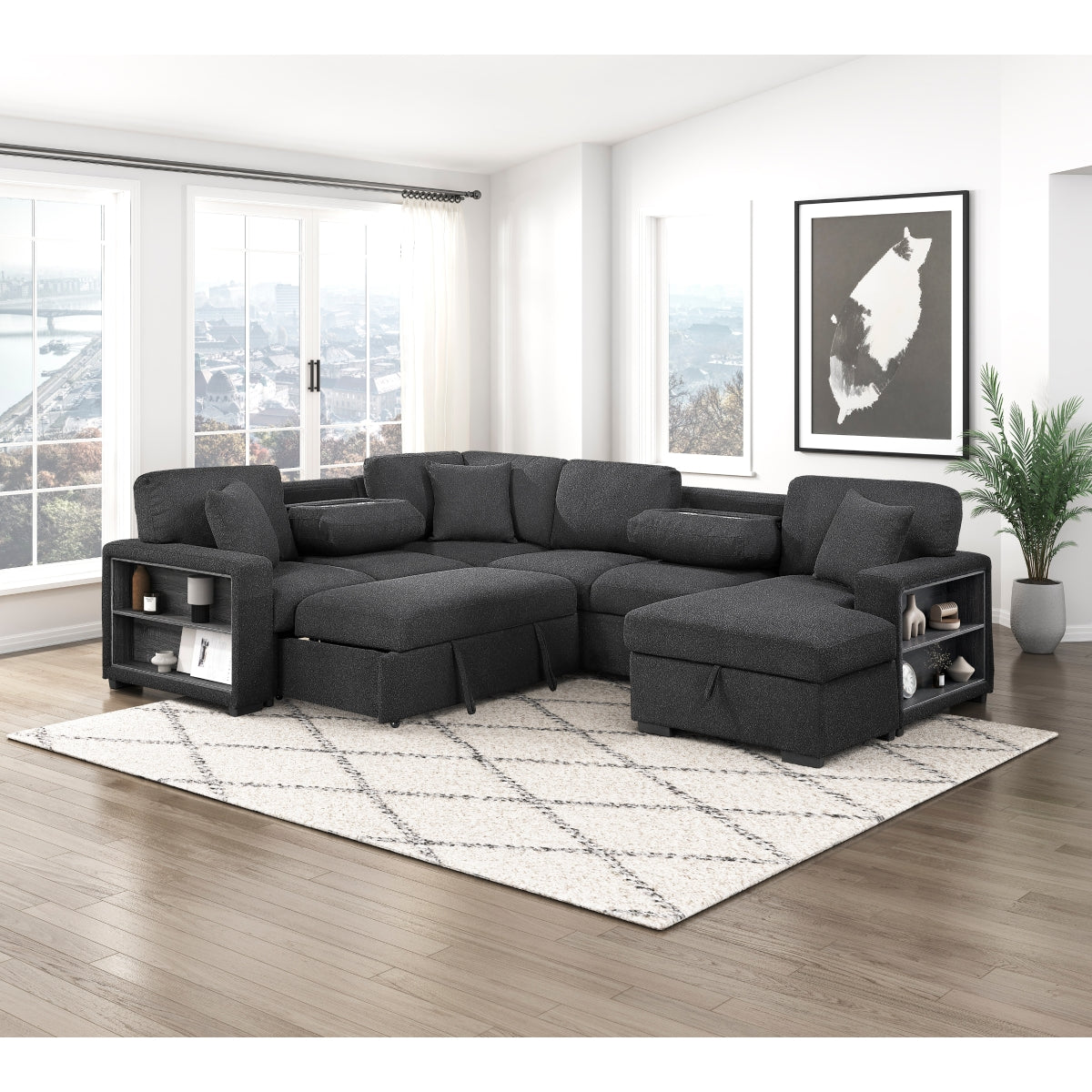 Pompano Sectional with Right Chaise, Pull-out Bed, Hidden Storages and Shelves, Charging Ports