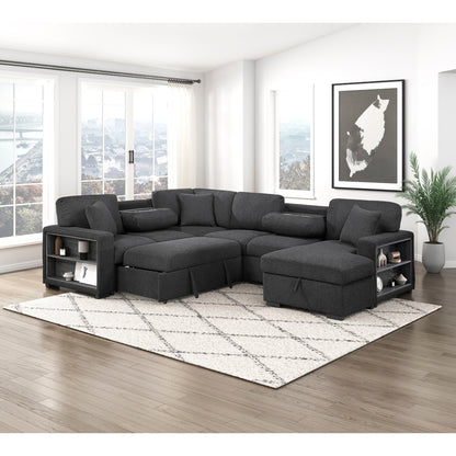 Pompano Sectional with Right Chaise, Pull-out Bed, Hidden Storages and Shelves, Charging Ports