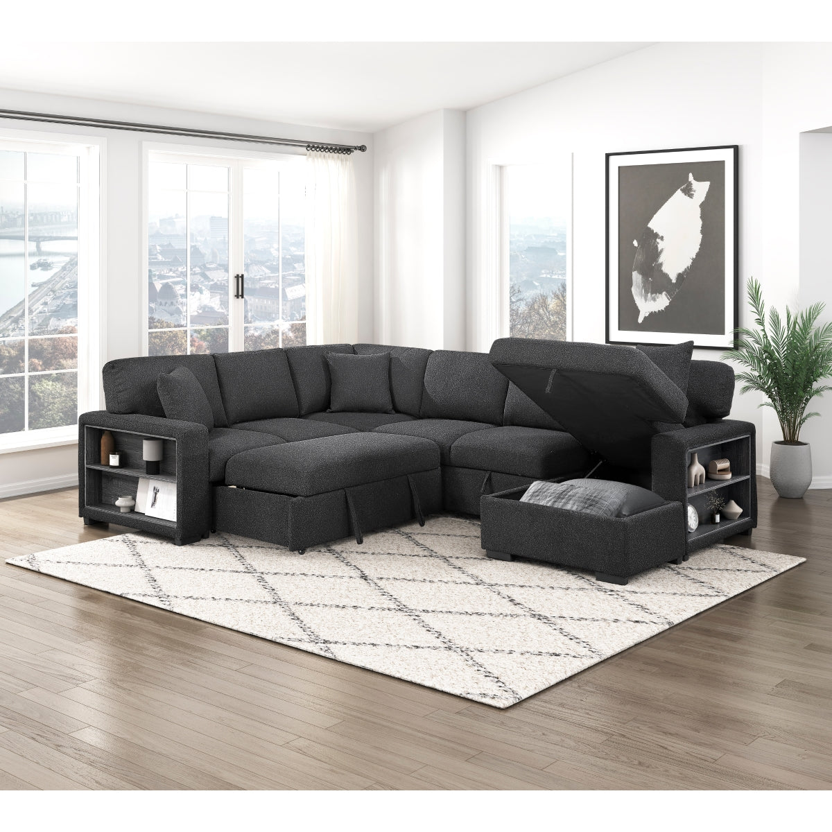 Pompano Sectional with Right Chaise, Pull-out Bed, Hidden Storages and Shelves, Charging Ports