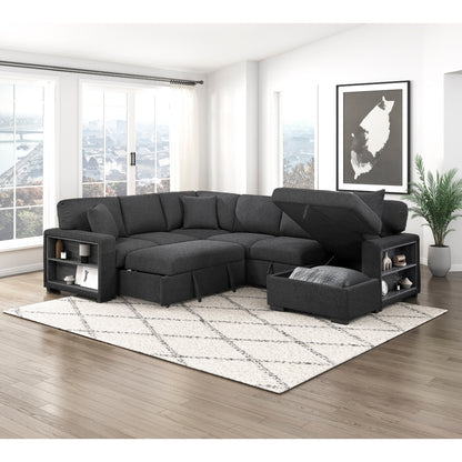 Pompano Sectional with Right Chaise, Pull-out Bed, Hidden Storages and Shelves, Charging Ports