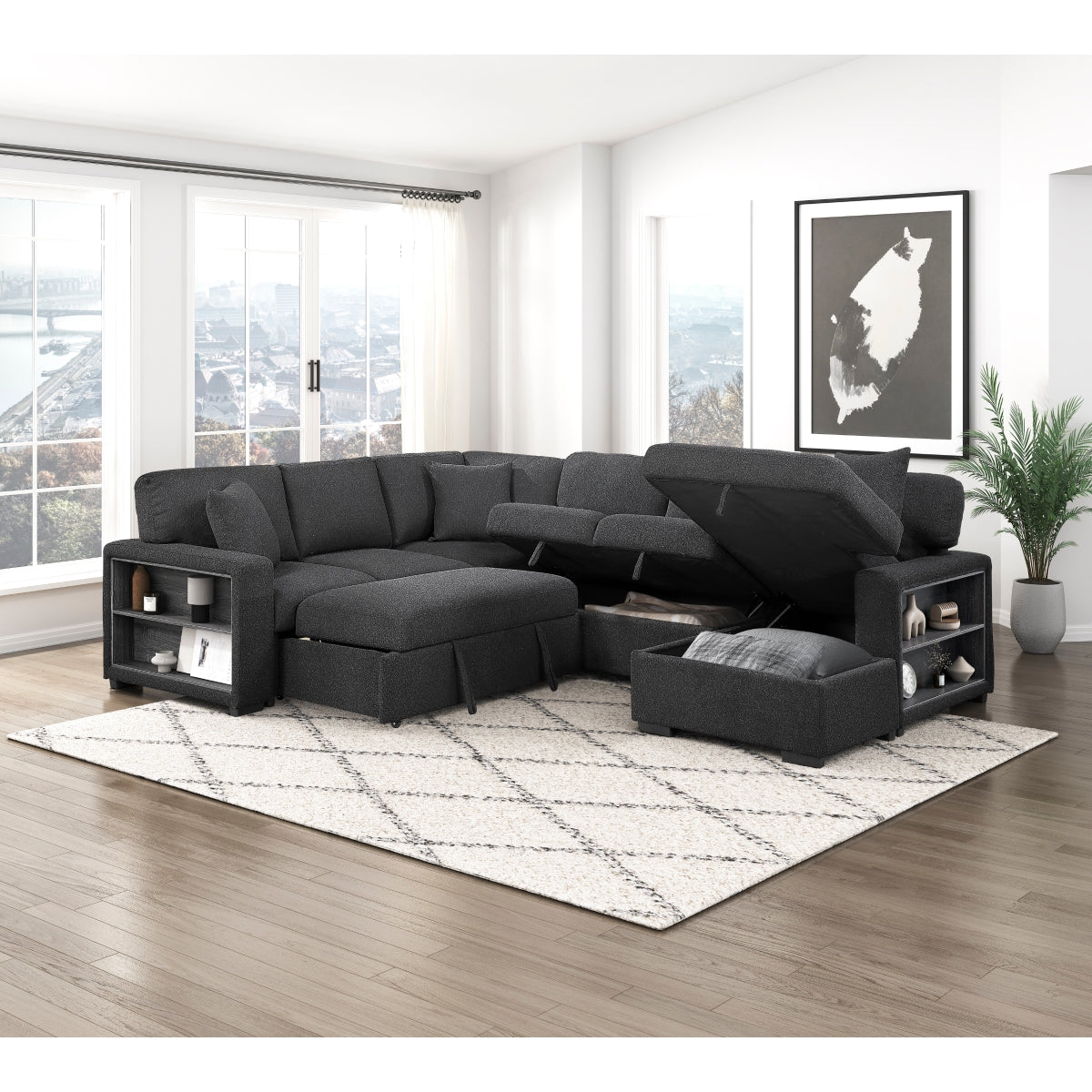 Pompano Sectional with Right Chaise, Pull-out Bed, Hidden Storages and Shelves, Charging Ports