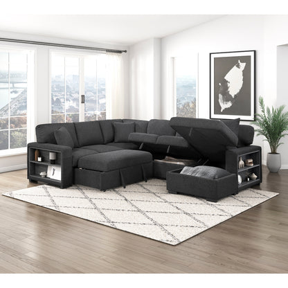 Pompano Sectional with Right Chaise, Pull-out Bed, Hidden Storages and Shelves, Charging Ports