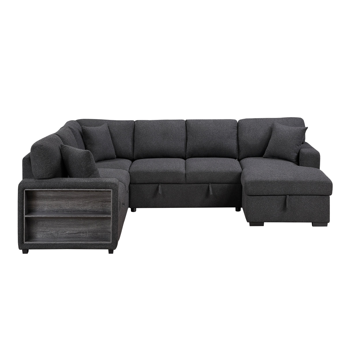 Pompano Sectional with Right Chaise, Pull-out Bed, Hidden Storages and Shelves, Charging Ports