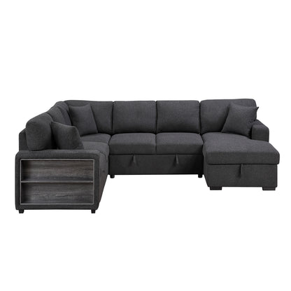 Pompano Sectional with Right Chaise, Pull-out Bed, Hidden Storages and Shelves, Charging Ports