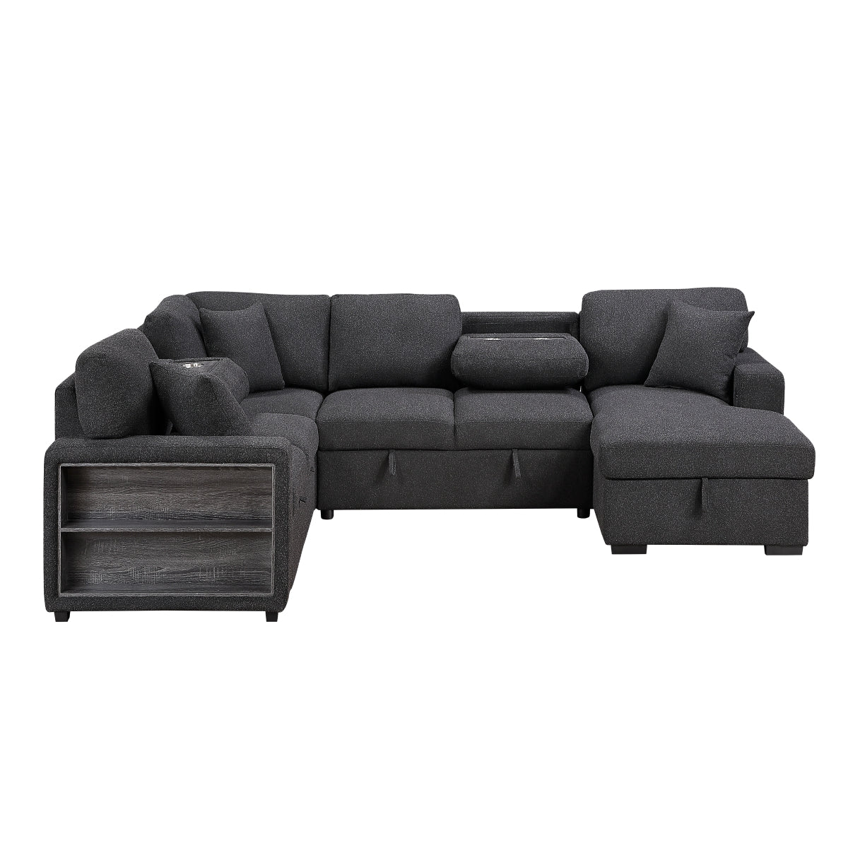 Pompano Sectional with Right Chaise, Pull-out Bed, Hidden Storages and Shelves, Charging Ports