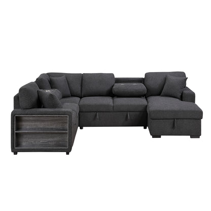 Pompano Sectional with Right Chaise, Pull-out Bed, Hidden Storages and Shelves, Charging Ports