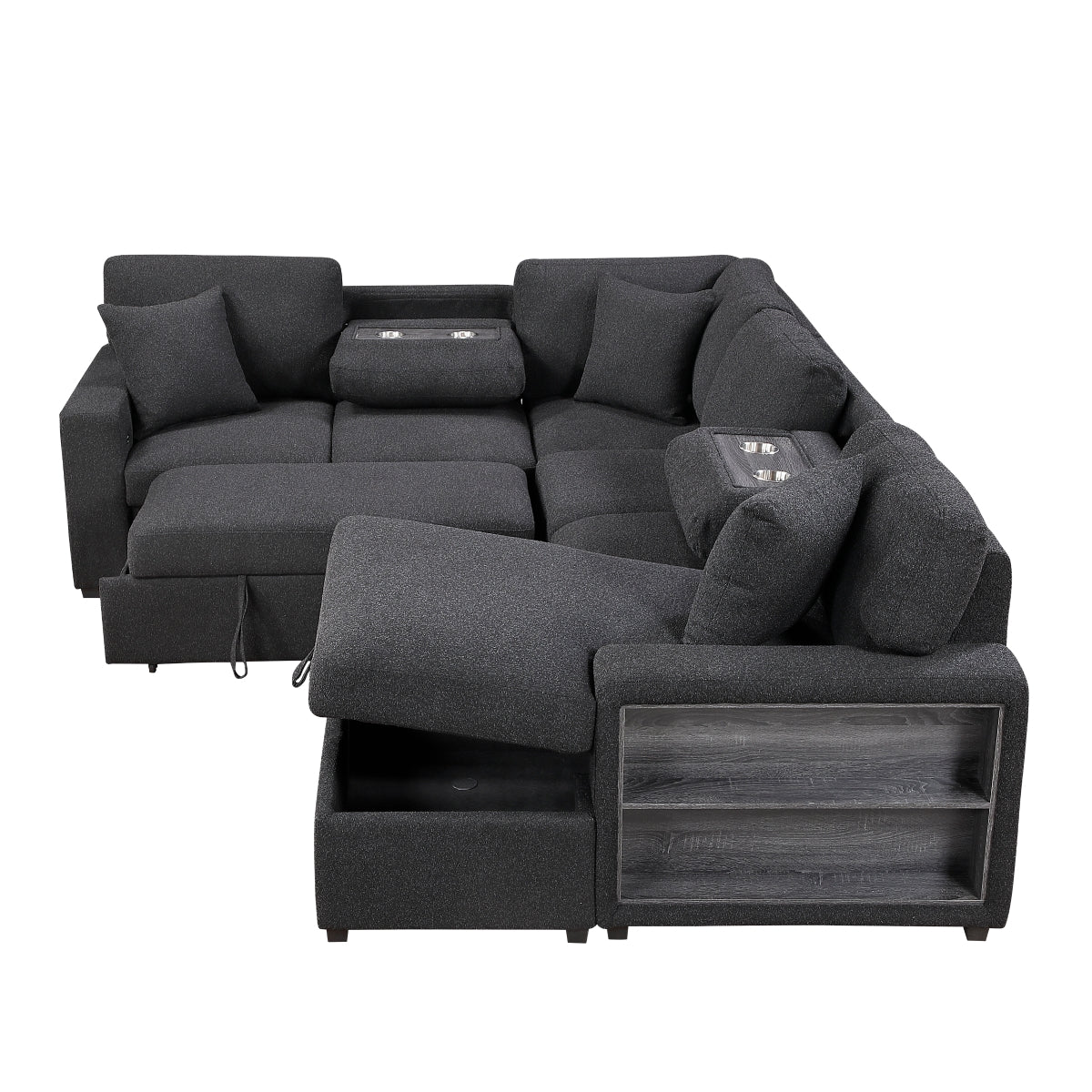Pompano Sectional with Right Chaise, Pull-out Bed, Hidden Storages and Shelves, Charging Ports