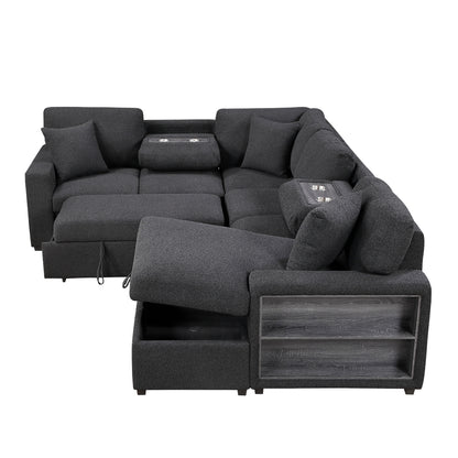 Pompano Sectional with Right Chaise, Pull-out Bed, Hidden Storages and Shelves, Charging Ports
