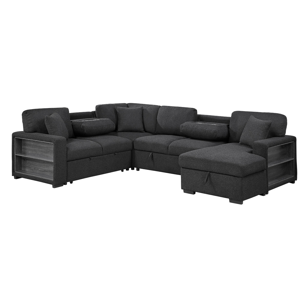 Pompano Sectional with Right Chaise, Pull-out Bed, Hidden Storages and Shelves, Charging Ports