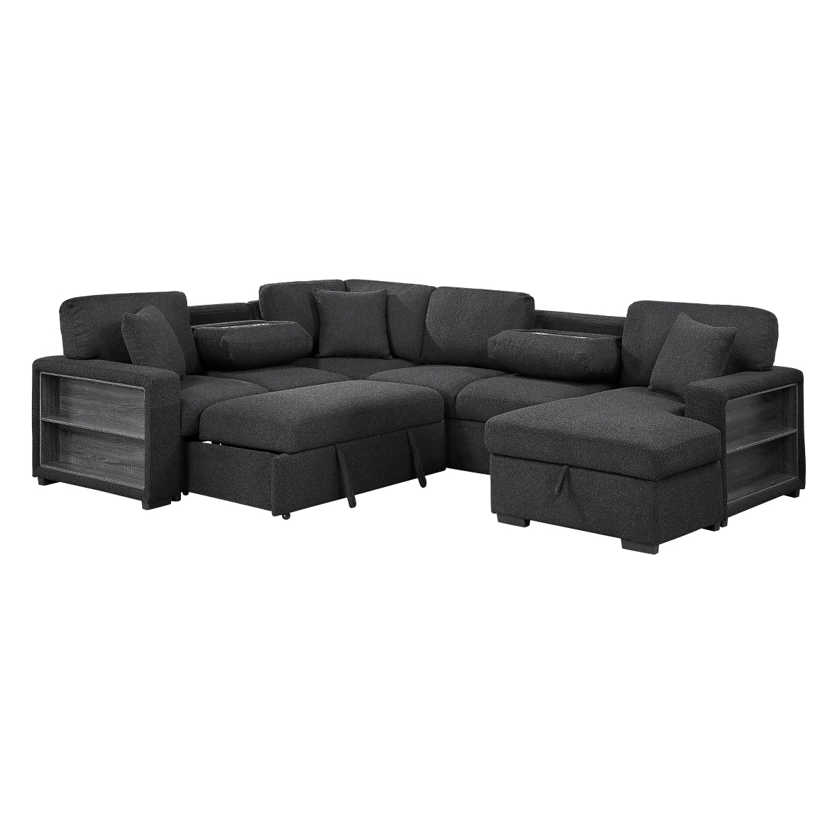 Pompano Sectional with Right Chaise, Pull-out Bed, Hidden Storages and Shelves, Charging Ports