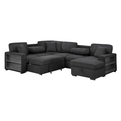 Pompano Sectional with Right Chaise, Pull-out Bed, Hidden Storages and Shelves, Charging Ports