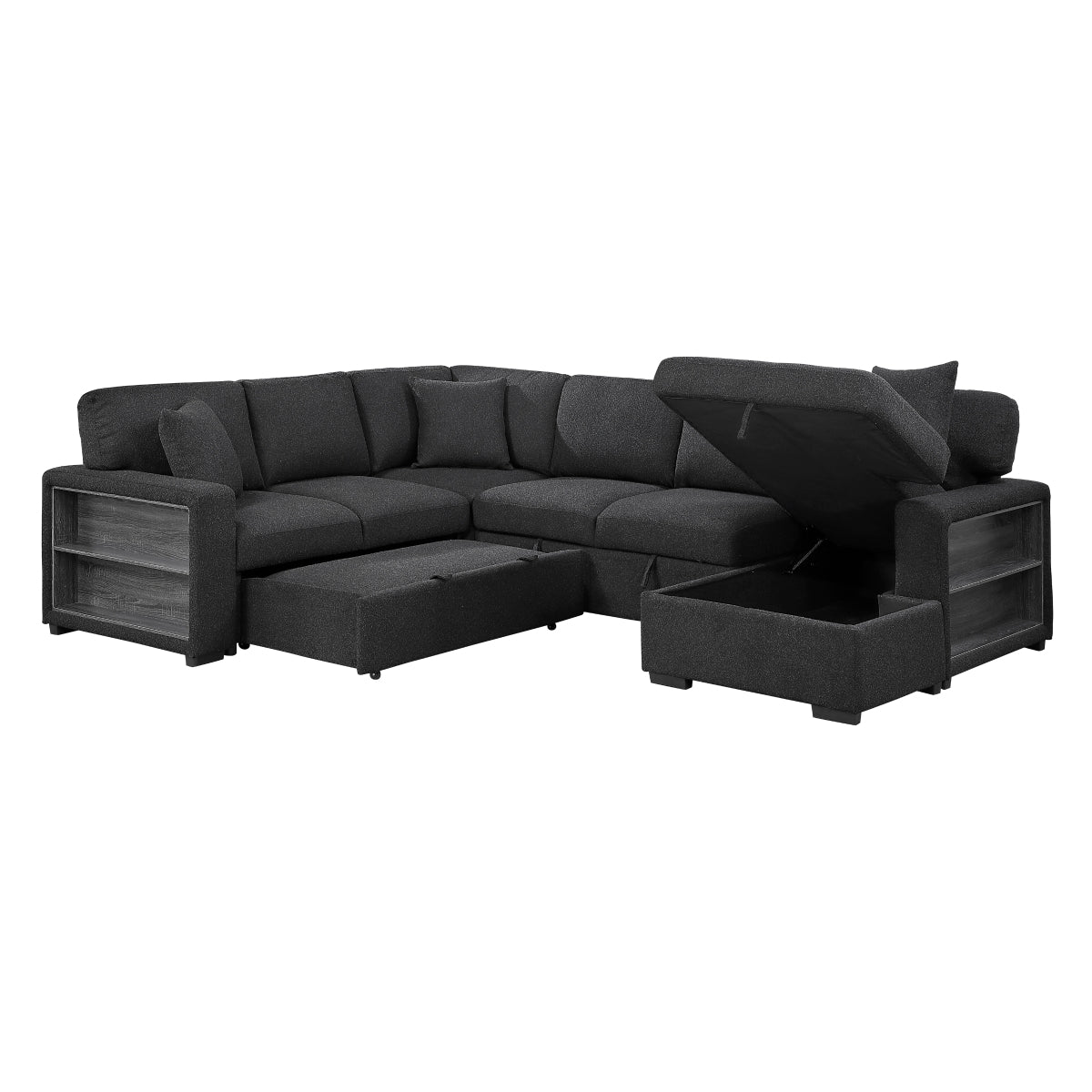Pompano Sectional with Right Chaise, Pull-out Bed, Hidden Storages and Shelves, Charging Ports