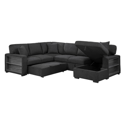 Pompano Sectional with Right Chaise, Pull-out Bed, Hidden Storages and Shelves, Charging Ports