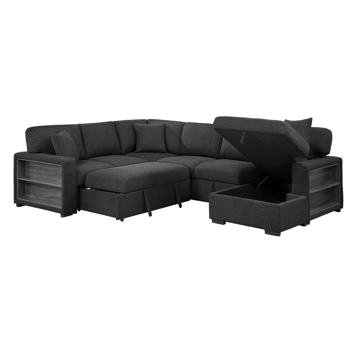 Pompano Sectional with Right Chaise, Pull-out Bed, Hidden Storages and Shelves, Charging Ports