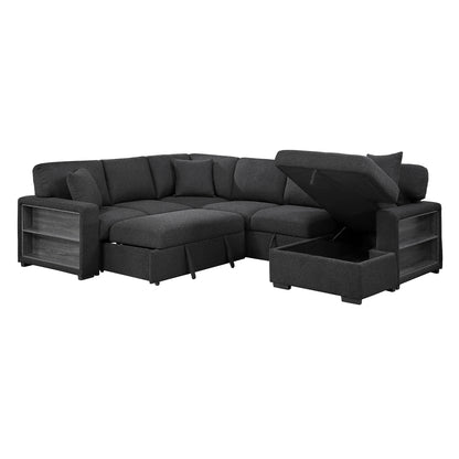 Pompano Sectional with Right Chaise, Pull-out Bed, Hidden Storages and Shelves, Charging Ports