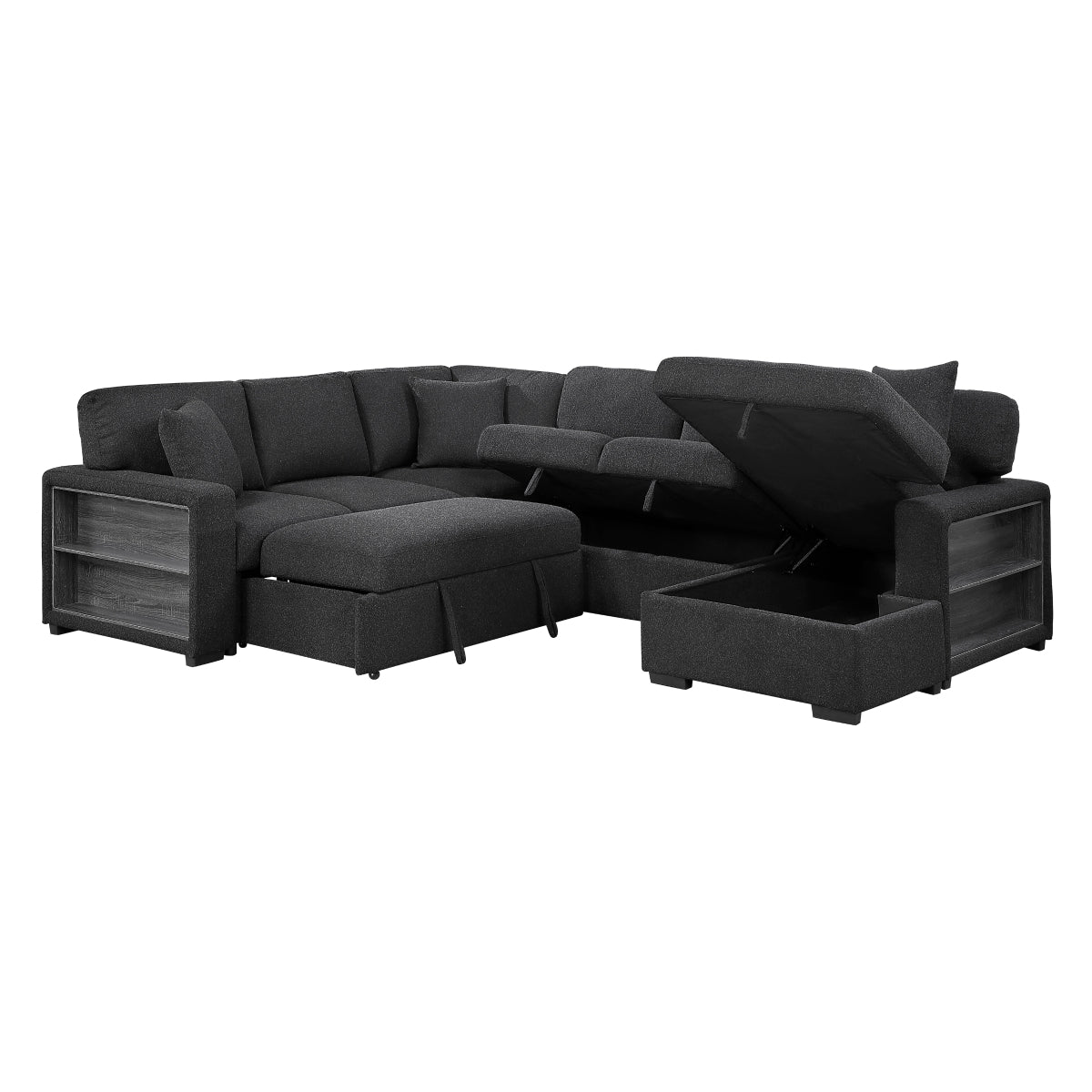 Pompano Sectional with Right Chaise, Pull-out Bed, Hidden Storages and Shelves, Charging Ports