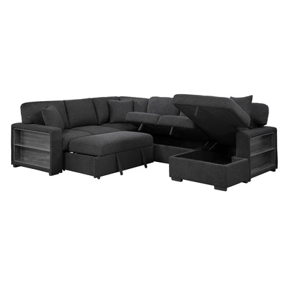Pompano Sectional with Right Chaise, Pull-out Bed, Hidden Storages and Shelves, Charging Ports