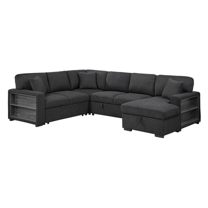 Pompano Sectional with Right Chaise, Pull-out Bed, Hidden Storages and Shelves, Charging Ports