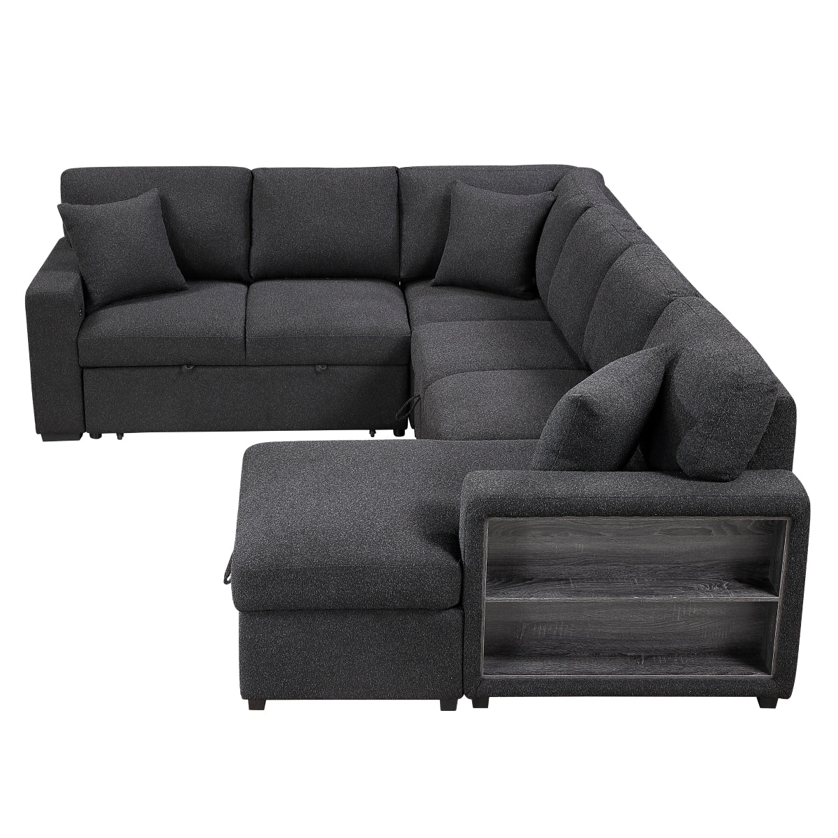 Pompano Sectional with Right Chaise, Pull-out Bed, Hidden Storages and Shelves, Charging Ports