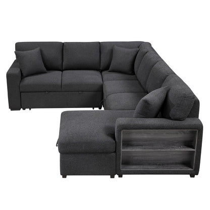 Pompano Sectional with Right Chaise, Pull-out Bed, Hidden Storages and Shelves, Charging Ports