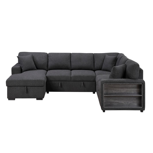 Pompano Sectional with Left Chaise, Pull-out Bed, Hidden Storages and Shelves, Charging Ports