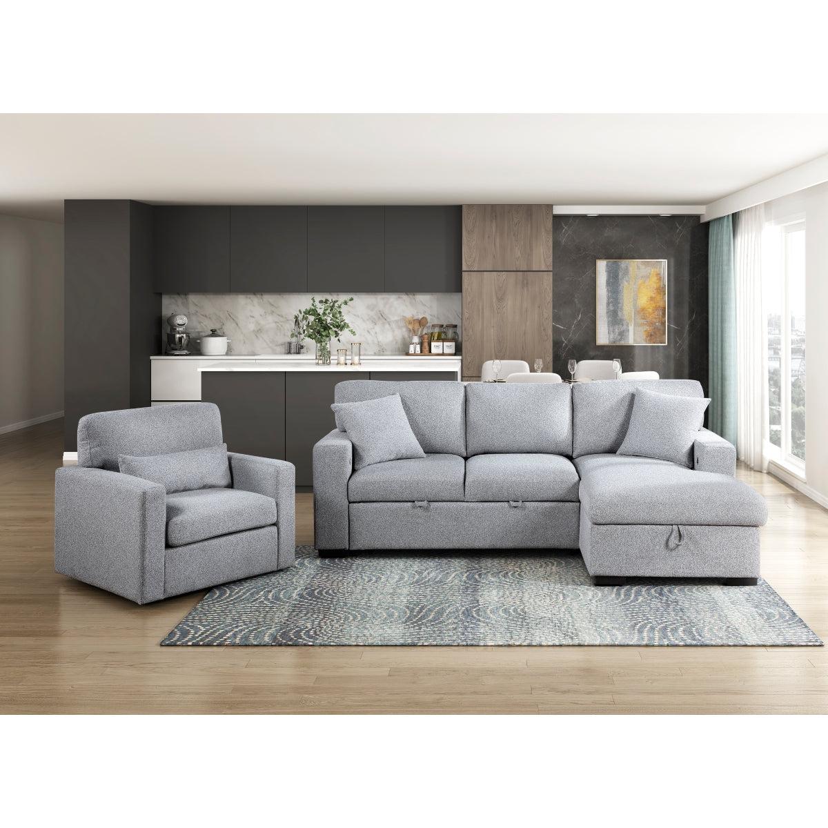 Pompano Sectional with Right Chaise, Pull-out Bed, Hidden Storage and Shelves, Charging Ports