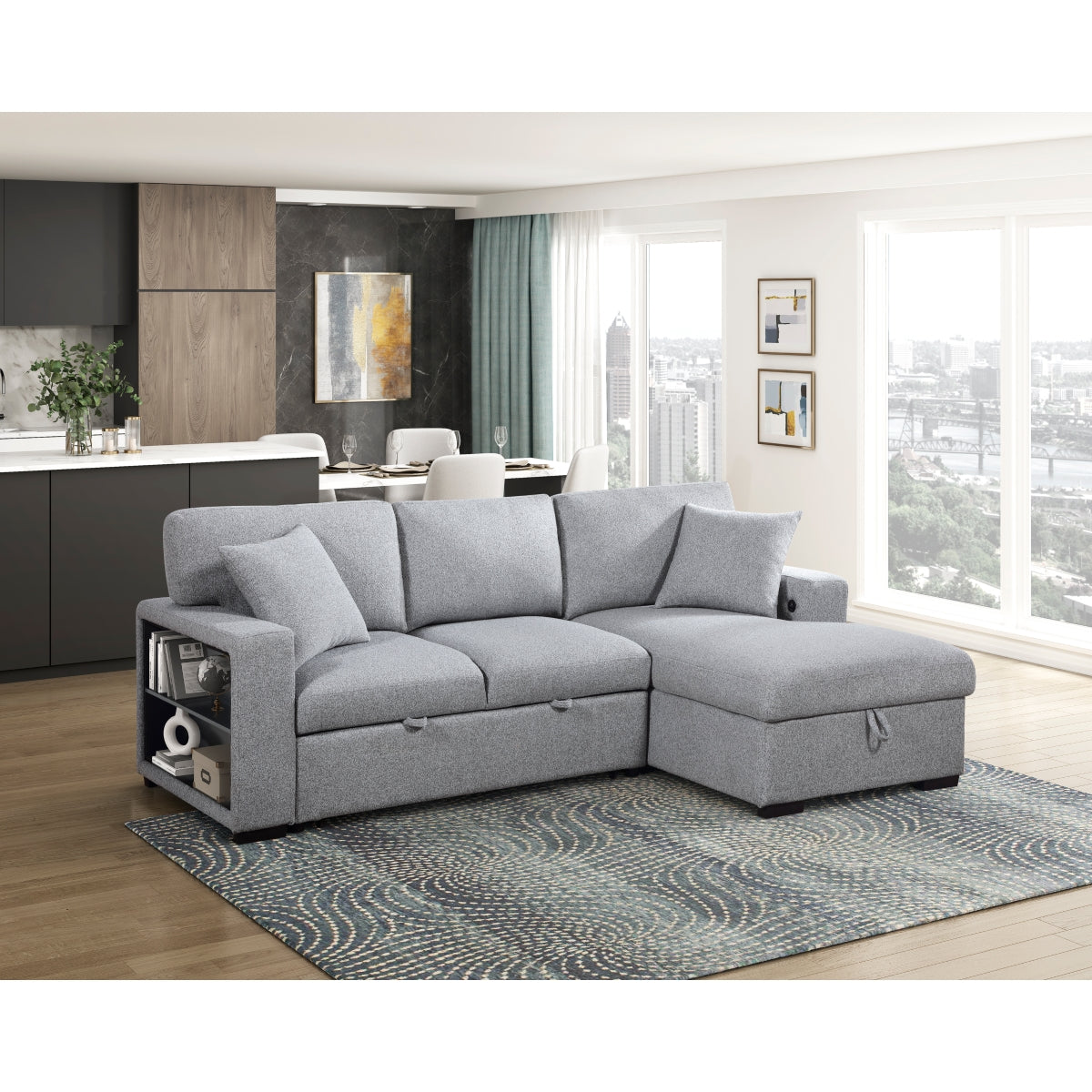Pompano Sectional with Right Chaise, Pull-out Bed, Hidden Storage and Shelves, Charging Ports