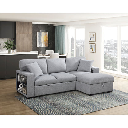 Pompano Sectional with Right Chaise, Pull-out Bed, Hidden Storage and Shelves, Charging Ports