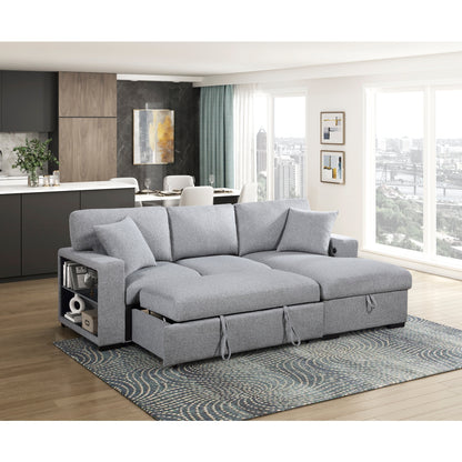 Pompano Sectional with Right Chaise, Pull-out Bed, Hidden Storage and Shelves, Charging Ports