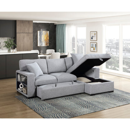 Pompano Sectional with Right Chaise, Pull-out Bed, Hidden Storage and Shelves, Charging Ports