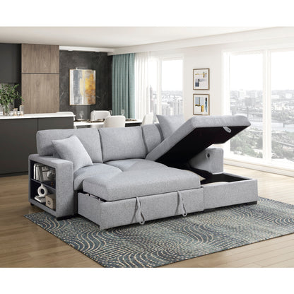 Pompano Sectional with Right Chaise, Pull-out Bed, Hidden Storage and Shelves, Charging Ports
