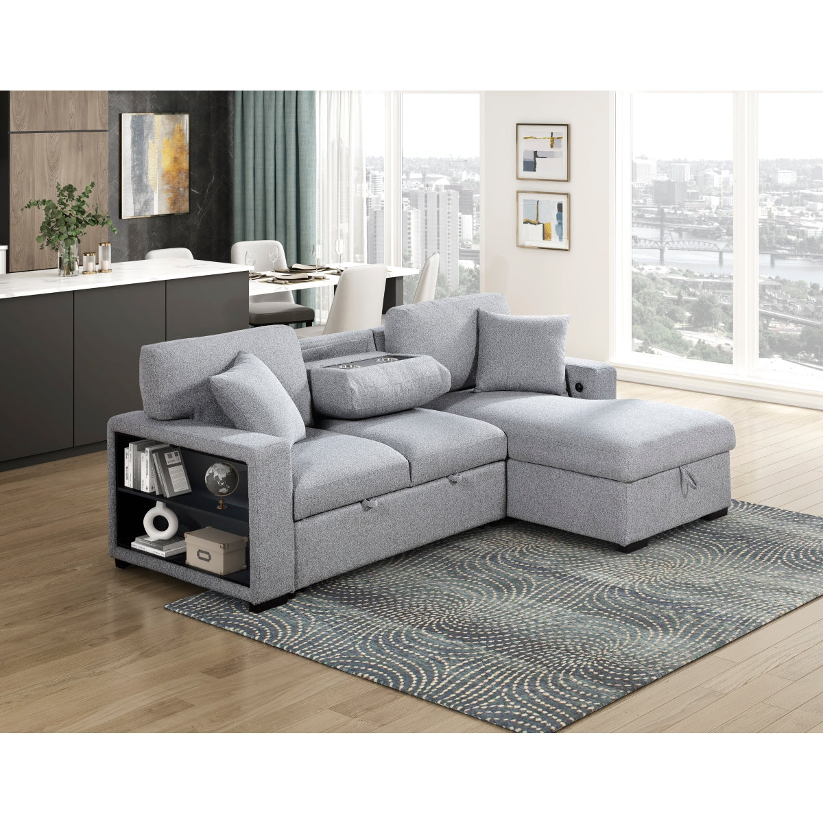 Pompano Sectional with Right Chaise, Pull-out Bed, Hidden Storage and Shelves, Charging Ports