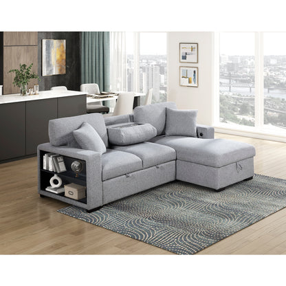 Pompano Sectional with Right Chaise, Pull-out Bed, Hidden Storage and Shelves, Charging Ports
