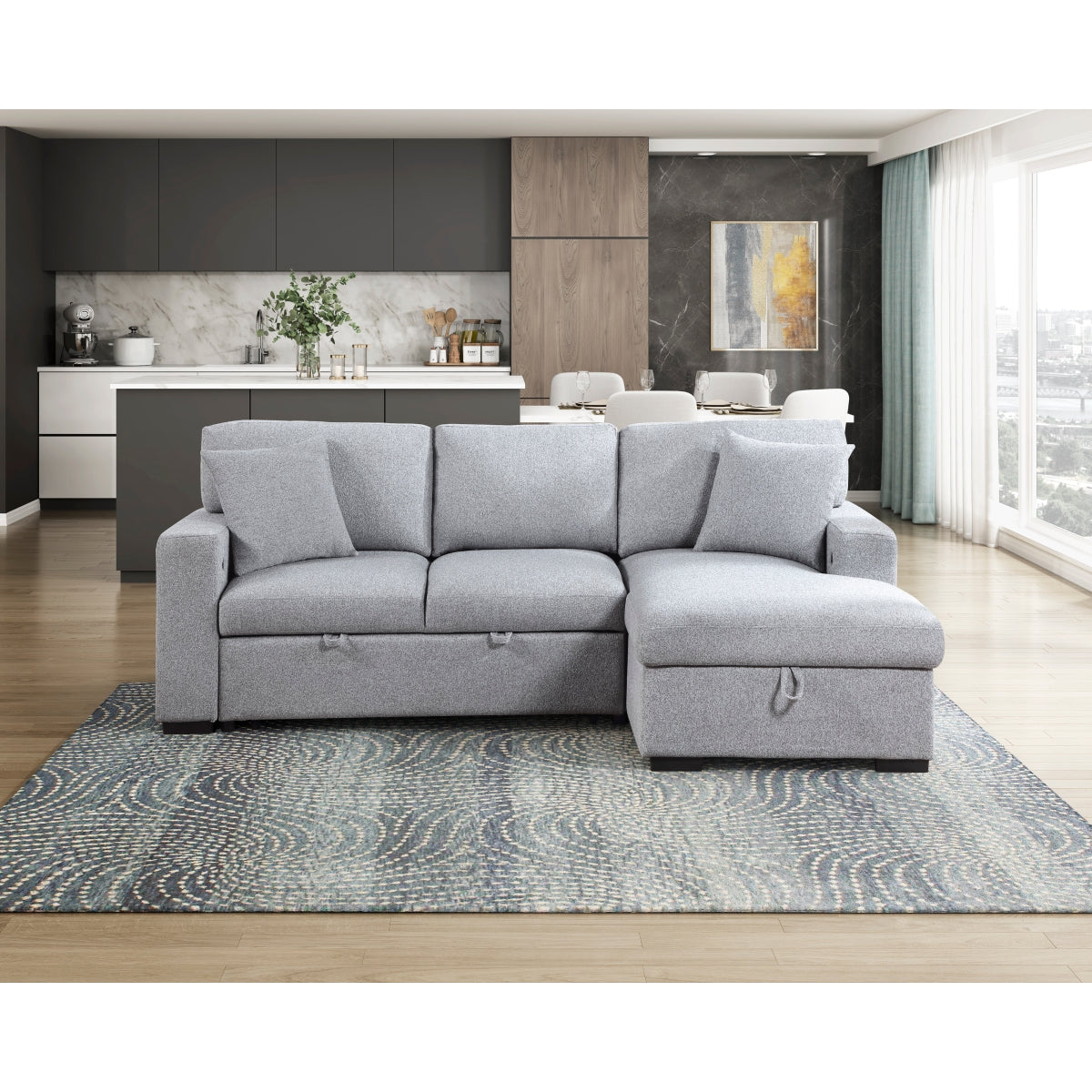 Pompano Sectional with Right Chaise, Pull-out Bed, Hidden Storage and Shelves, Charging Ports