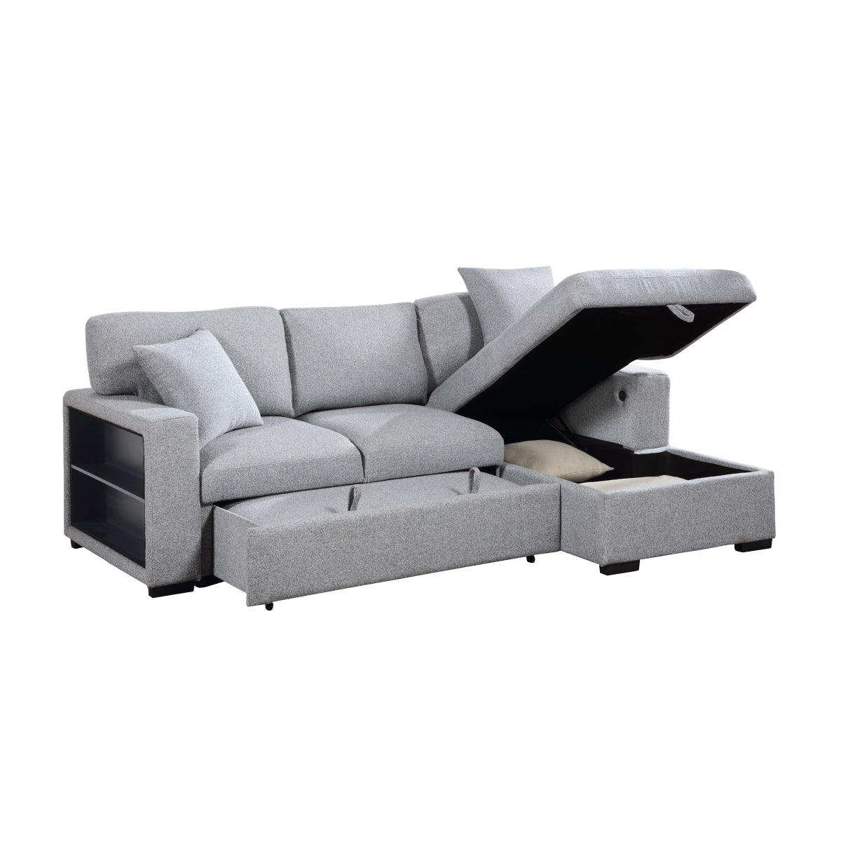 Pompano Sectional with Right Chaise, Pull-out Bed, Hidden Storage and Shelves, Charging Ports