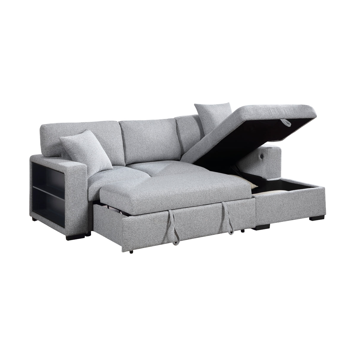 Pompano Sectional with Right Chaise, Pull-out Bed, Hidden Storage and Shelves, Charging Ports