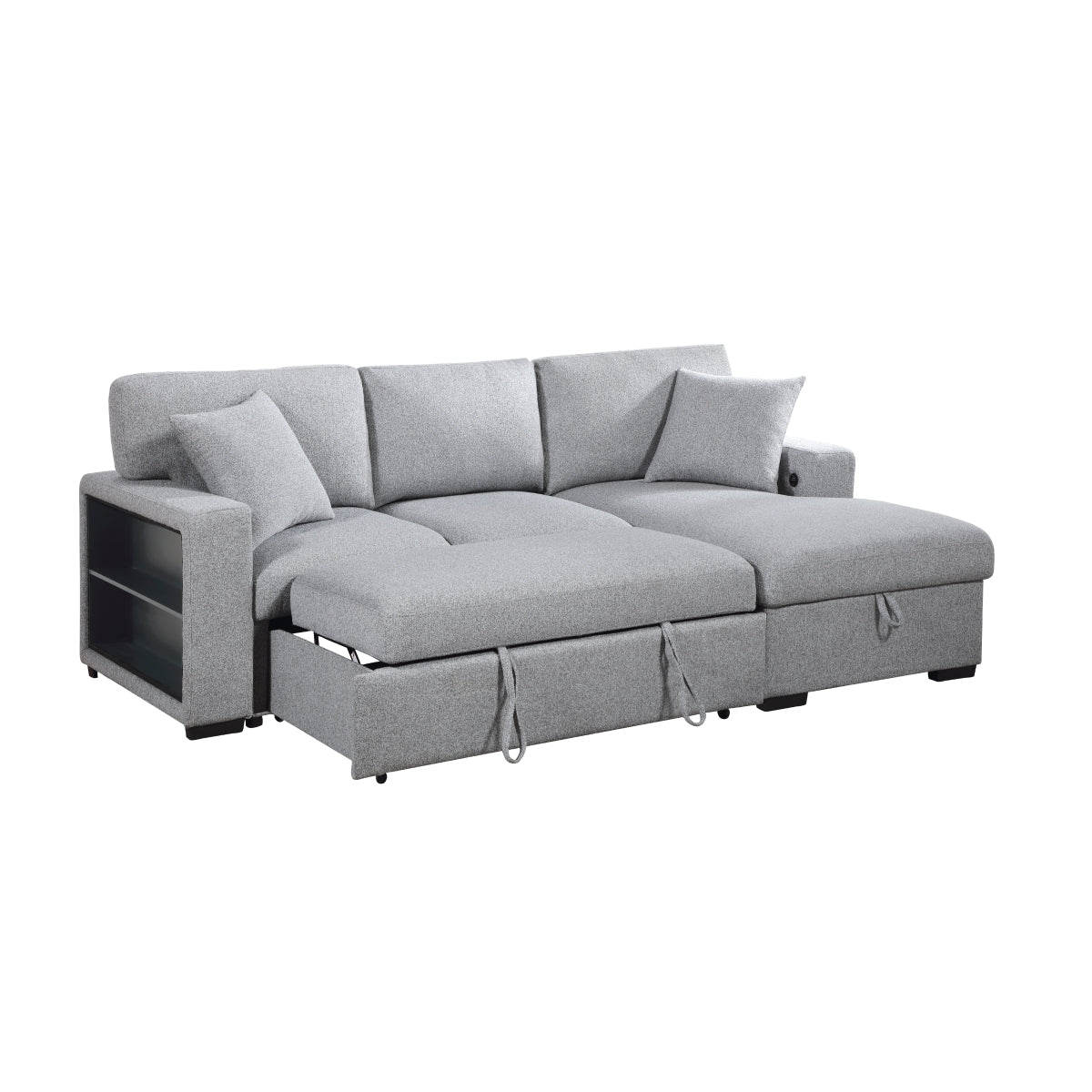 Pompano Sectional with Right Chaise, Pull-out Bed, Hidden Storage and Shelves, Charging Ports