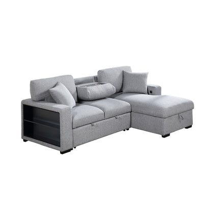 Pompano Sectional with Right Chaise, Pull-out Bed, Hidden Storage and Shelves, Charging Ports